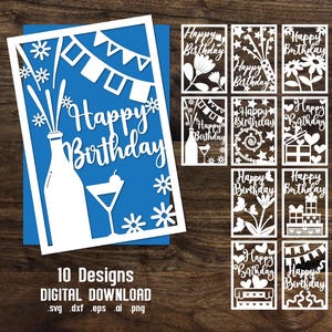 Joyeux anniversaire Papercut, lot de cartes d'anniversaire svg, insérez une carte Cricut, cartes Papercut svg, svg de cartes découpées au laser, carte de joyeux anniversaire svg