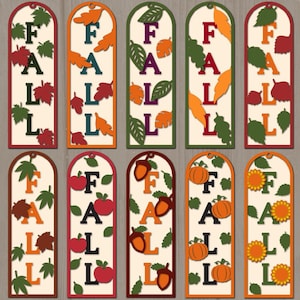 Puede incluir: Diez marcapáginas rectangulares verticales con la parte superior redondeada, cada uno con la palabra FALL en letras mayúsculas grandes. Los diseños incluyen varios elementos temáticos de otoño como hojas coloridas, manzanas rojas, bellotas, calabazas y girasoles.