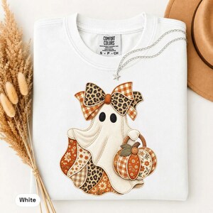Faux Patchwork Ghost Shirt, Comfort Colors Halloween Tee, Coquette Pumpkin Ghost Shirt, Cute Spooky Season Fall Graphic Gift for Women