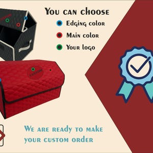 May include: Two quilted storage organizers, one black and one red, with the text "CUSTOM" on each. The image also includes the text "YOU CAN choose" and "WE ARE READY TO MAKE YOUR CUSTOM ORDER". A blue ribbon with a checkmark is also shown.