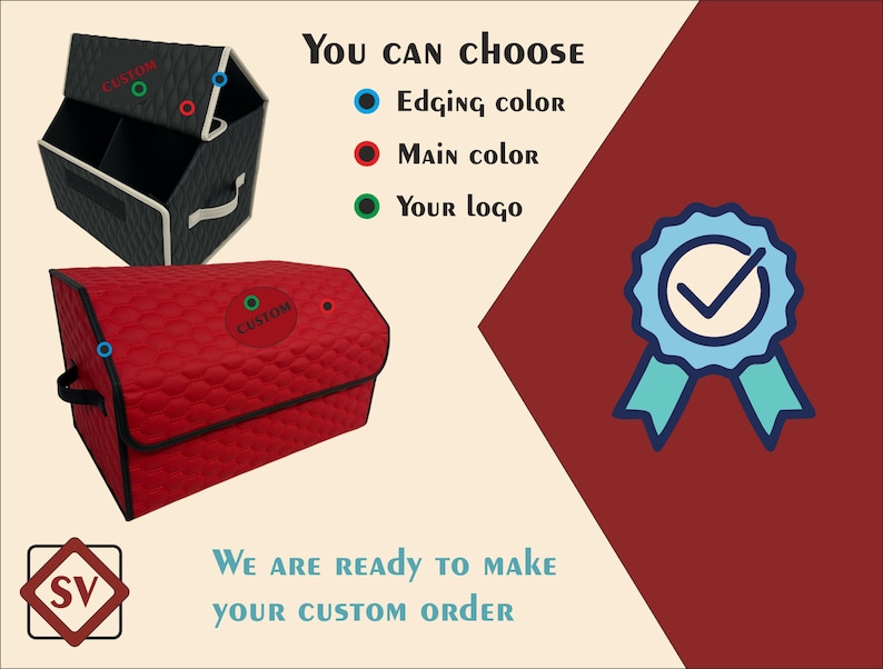 May include: Two quilted storage organizers, one black and one red, with the text "CUSTOM" on each. The image also includes the text "YOU CAN choose" and "WE ARE READY TO MAKE YOUR CUSTOM ORDER". A blue ribbon with a checkmark is also shown.