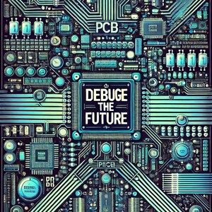 Może przedstawiać: Szczegółowa ilustracja płytki drukowanej z ciemnym tłem i turkusowymi i niebieskimi akcentami. Tekst "DEBUGE THE FUTURE" jest wyraźnie widoczny. Obraz przedstawia różne elementy elektroniczne i ścieżki.