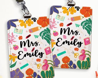 Personalized Teacher ID Badge Holder, Teacher Appreciation, Back To School Gift, ID Holder With Lanyard Accessory Custom School Supply Theme