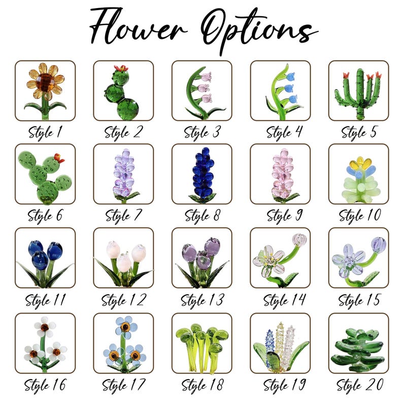 May include: A grid of twenty glass flower sculptures, each in a square frame, labeled with a style number. The flowers vary in color and design, including sunflowers, cacti, and various other floral arrangements. The text "Flower Options" is at the top.