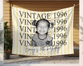 Pancarta de cumpleaños con foto, fondo personalizado para el 30 cumpleaños, tapiz de cumpleaños, pancarta de cumpleaños vintage de 1996 con foto, decoración de fiesta vintage a rayas