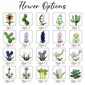Puede incluir: Imagen que muestra veinte esculturas de flores de vidrio diferentes, cada una en un marco cuadrado. El texto "Flower Options" est&aacute; en la parte superior. Cada flor tiene un dise&ntilde;o &uacute;nico, con estilos numerados del 1 al 20.