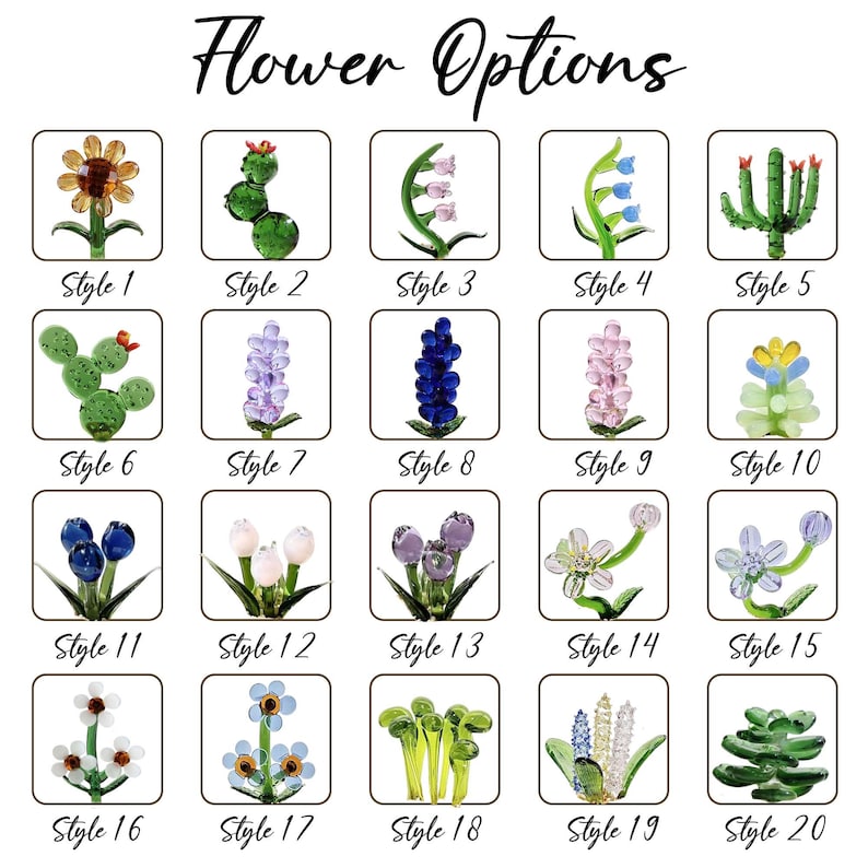 Puede incluir: Imagen que muestra veinte esculturas de flores de vidrio diferentes, cada una en un marco cuadrado. El texto "Flower Options" est&aacute; en la parte superior. Cada flor tiene un dise&ntilde;o &uacute;nico, con estilos numerados del 1 al 20.