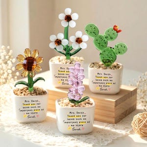 Puede incluir: Una colecci&oacute;n de esculturas de flores de vidrio en macetas blancas peque&ntilde;as. Las flores incluyen un girasol, margaritas, una planta parecida a la lavanda y un cactus. Cada maceta tiene el texto "Mrs. Smith, Thank you for being such an important piece of my story, Sarah."