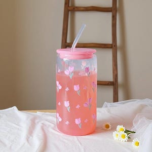Tulpen-Glas mit Strohhalm und Bambusdeckel Eiskaffee-Tasse aus Glas mit Strohhalm und Deckel 16oz