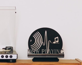 Music Lover Gift - Now Playing Record Stand, Vinyl Display Holder, Wooden LP Album Stand, Record Player Decor, Vinyl Collection Accessory