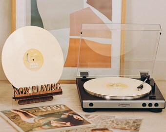 Handmade Wooden Vinyl Record Holder, Now Playing Album Display Stand, Retro Turntable Accessory and Unique Gift for Music Lover