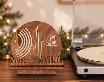 Wooden Now Playing Vinyl Record Display Stand, LP Album Holder for Turntable Setup, Music Room Decor and Gift for Record Collector