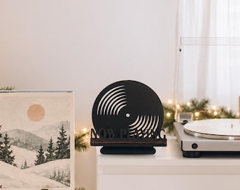Christmas Gift for Vinyl Lover, Now Playing Record Display Stand, Wooden LP Holder, Audiophile Turntable Room Decor