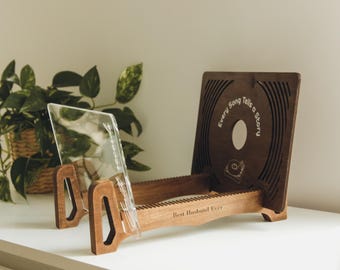 Wooden Vinyl Record Holder with Now Playing Display, Anniversary Gift for Music Lover