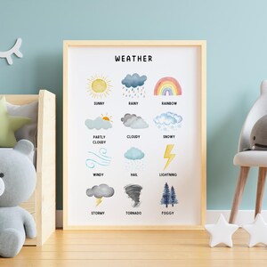 Póster del clima para niños, póster educativo para descargar digitalmente, arte de pared imprimible, póster Montessori para guardería, decoración de la escuela en casa, impresiones para la sala de juegos