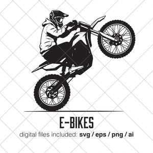 May include: Black and white graphic of a person riding an e-bike, performing a wheelie. The image includes the text "E-BIKES" and file type information: svg / eps / png / ai.