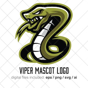 Puede incluir: Logotipo de mascota de víbora verde y negra con una expresión agresiva. La serpiente está enrollada en forma de S estilizada. El texto en la parte inferior dice "VIPER MASCOT LOGO" con información del tipo de archivo. Archivos digitales incluidos: eps / png / svg / ai.