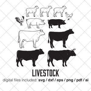 Puede incluir: Ilustraciones en blanco y negro de animales de granja, incluyendo ovejas, un gallo, cerdos, vacas y una gallina. La palabra "LIVESTOCK" se muestra debajo. Archivos digitales incluidos: SVG, DXF, EPS, PNG, PDF y AI.