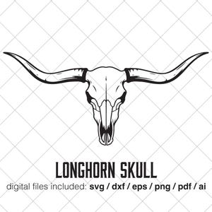 May include: A black and white illustration of a longhorn skull. The skull has large, curved horns and is centered on a white, diamond-patterned background. Text at the bottom reads "LONGHORN SKULL".