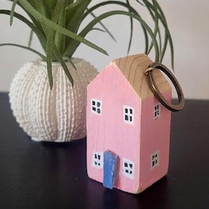 Wooden house Keychain / Key Ring - Pink
