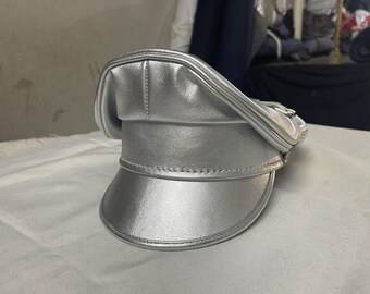 Gorra militar plateada de cuero auténtico, gorra de policía con visera de motorista