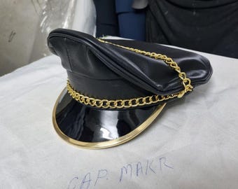 Gorra Muir de cuero auténtico, gorra de oficial de motociclista con visera y cadena.