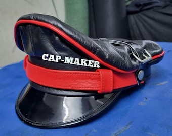 Gorra de cuero genuino de color negro con visera de policía y motociclista estilo militar Muir