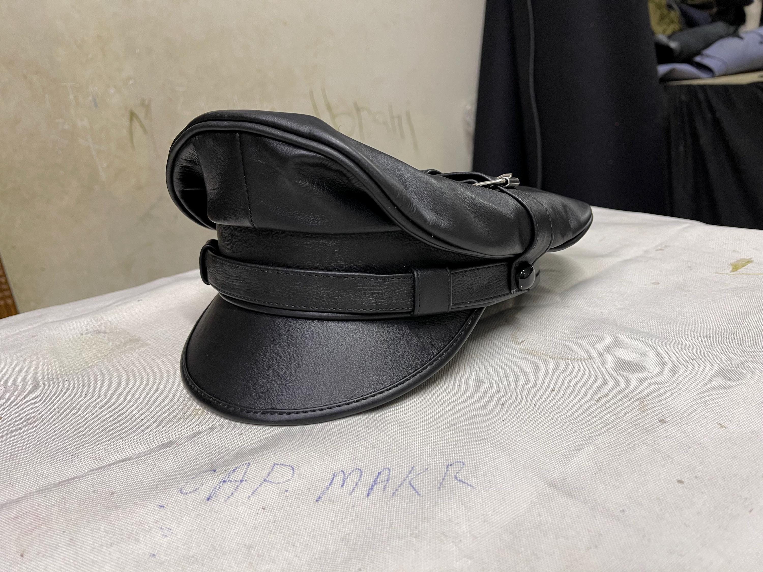 Peak Black Leather Hats Black Silver Trim Peak Genuine Leather