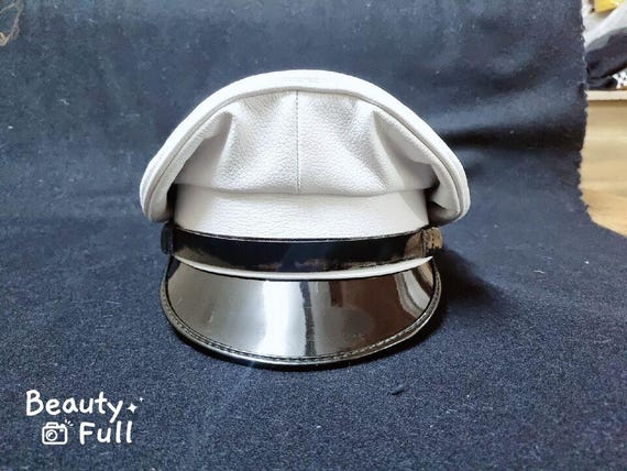 Genuine Full Leather white Army Muir Biker Peaked Police Gay Bluf Cap Hat