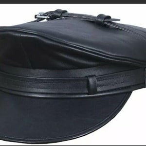 Casquette de motard muir biker en cuir véritable pleine couleur noire