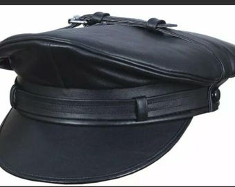 Gorra de cuero genuino de color negro con visera de policía y motociclista estilo militar Muir