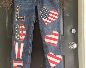Red White and Blue LOVE Blue Jeans / Quilt Heart Patchwork / CUSTOM ORDERS / 100% Cotton