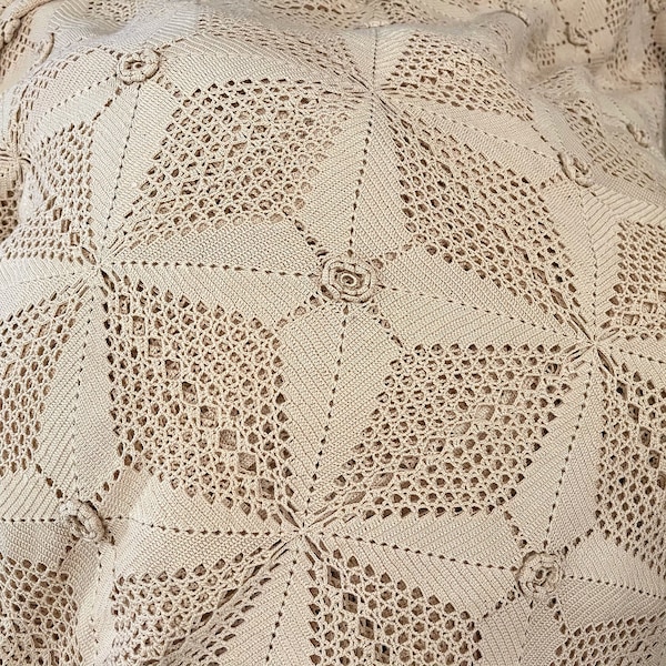 Crocheted Bedspread / Vintage Hand Crocheted / 96" X 100”