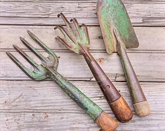 Vintage Garden Tools / Hand Trowel Rake and Fork / Set of Three / Rustic