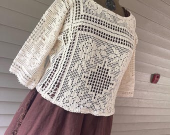 Cotton Crocheted Tee with 3/4 Sleeves / M