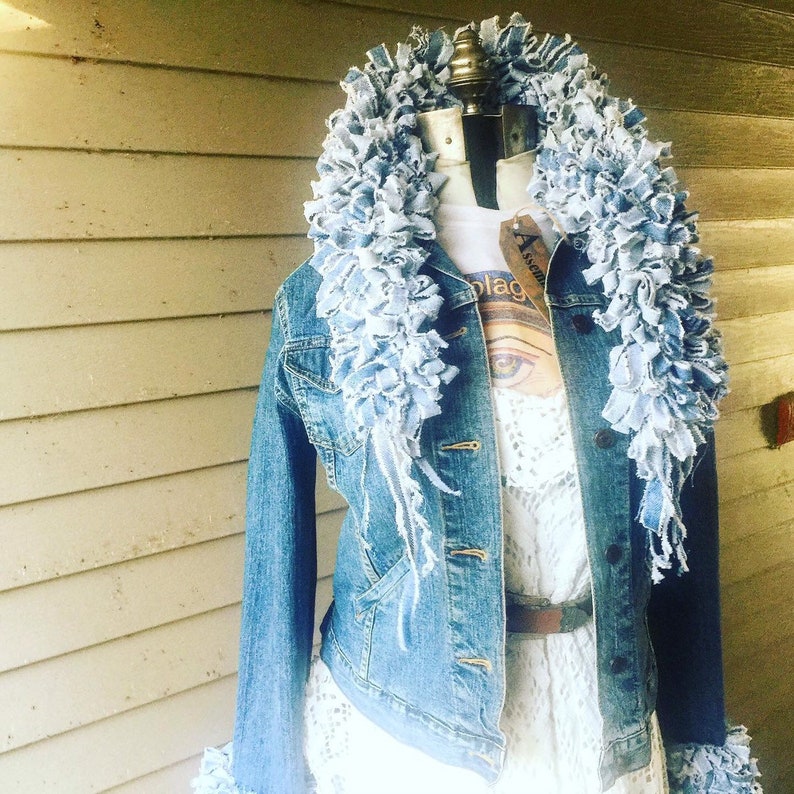 Denim Jacket / Fringe / Altered Denim / L / 100% Cotton image 5