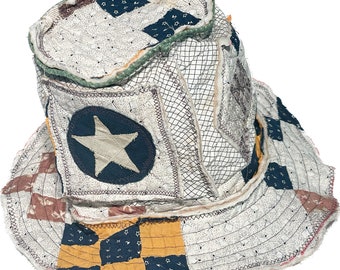 Quilt Bucket Top Hat / Vintage Quilt Hat / L