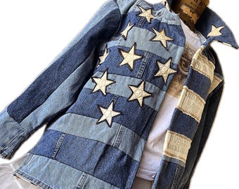 Denim Rag Quilt Chore Coat / Denim Quilt Coat / French Style WorkCoat / XL