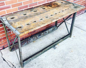 Workbench / Work Bench / Factory Work Bench / Industrial Iron and Wood / 57” X 24” X 27”