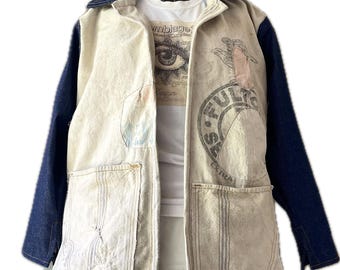 Feed Sack Chore Coat  with Denim /Tatered and Patched / L