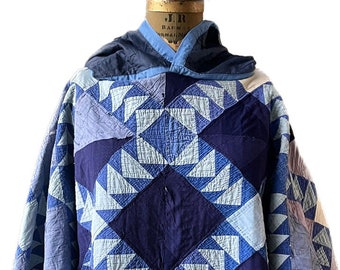 Quilt Coat / Streetwear Quilt Jumper — with Hood / Antique Quilt / Dolman Sleeve / Charmingly Tattered / Oversized / One Size Fits Most