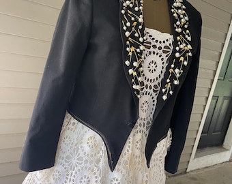 Texas Punk Tuxedo Jacket w/ Safty Pins & Pearl Encrusted Lapel / Vintage / Silk and Wool / 40 / Altered Couture