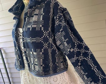 1860’s Coverlet Cropped Chore Coat / French Style WorkCoat / Antique   Overshot /  M