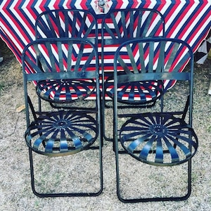 RESERVED FOR JULIETTE / Francois Carre Art Deco Antique Sunburst Folding Chairs / French Spring Steel Folding Bistro Chairs / Set of 4 / Pat