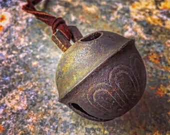 1800's Bonze Sleigh Bell Talisman Pendant / 24" - 30" Suede or Leather Cord