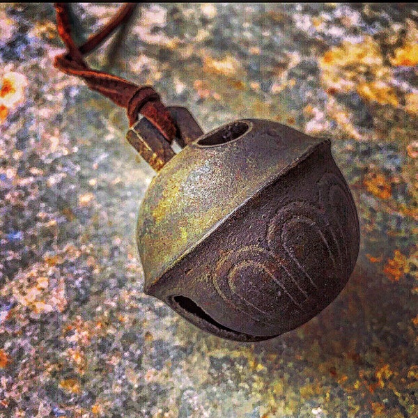 1800's Bonze Sleigh Bell Talisman Pendant / 24" - 30" Suede or Leather Cord