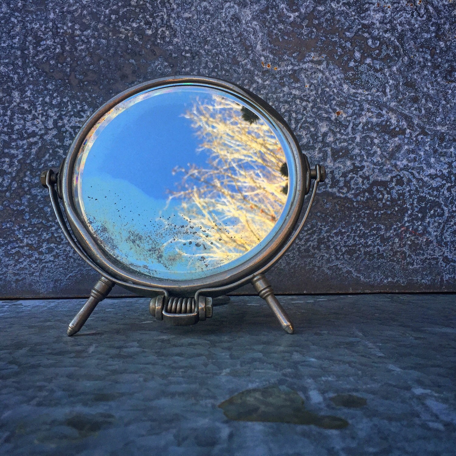 Shaving Mirror / Tarnished Nickle Plate / Barber Shop / Etsy