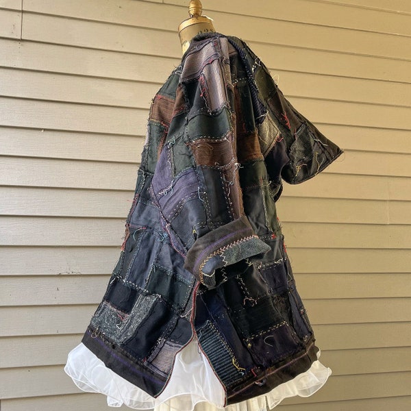 Hoodie / Deconstructed Crazy Quilt Jumper — with Hood / Antique Quilt / Dolman Sleeve / Charmingly Tattered / Oversized / One Size Fits Most