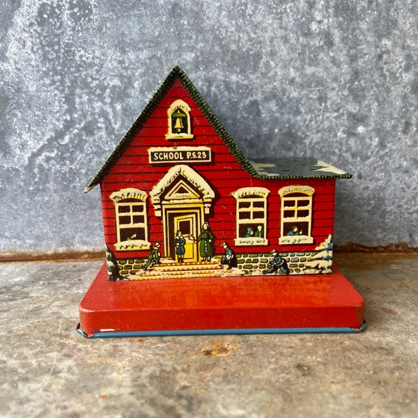 Tin Bank School House / Metal Toy Company/ Made In USA / Globe Bank / 5” X 5” X 4”