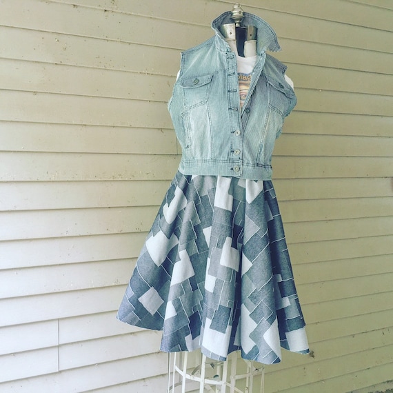 Denim Patchwork Print Dress / L